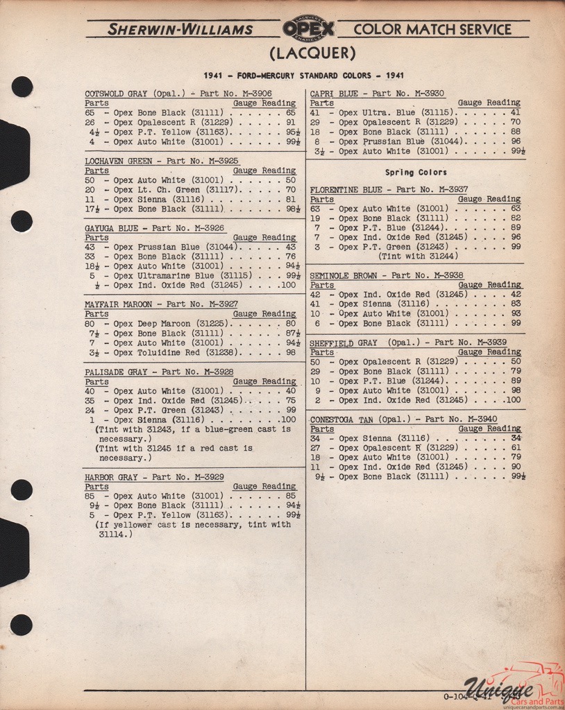 1941 Ford Paint Charts Sherwin-Williams 3